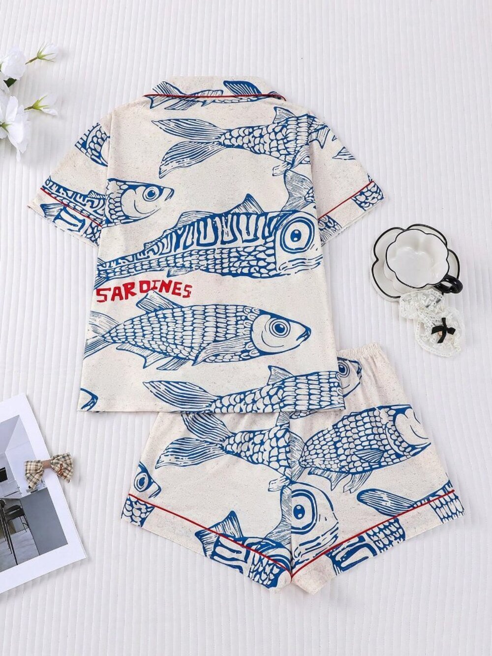Apricot Sardine Print Women's Short Sleeve Lapel Top and Shorts Pajama Set - Picture 2 of 7